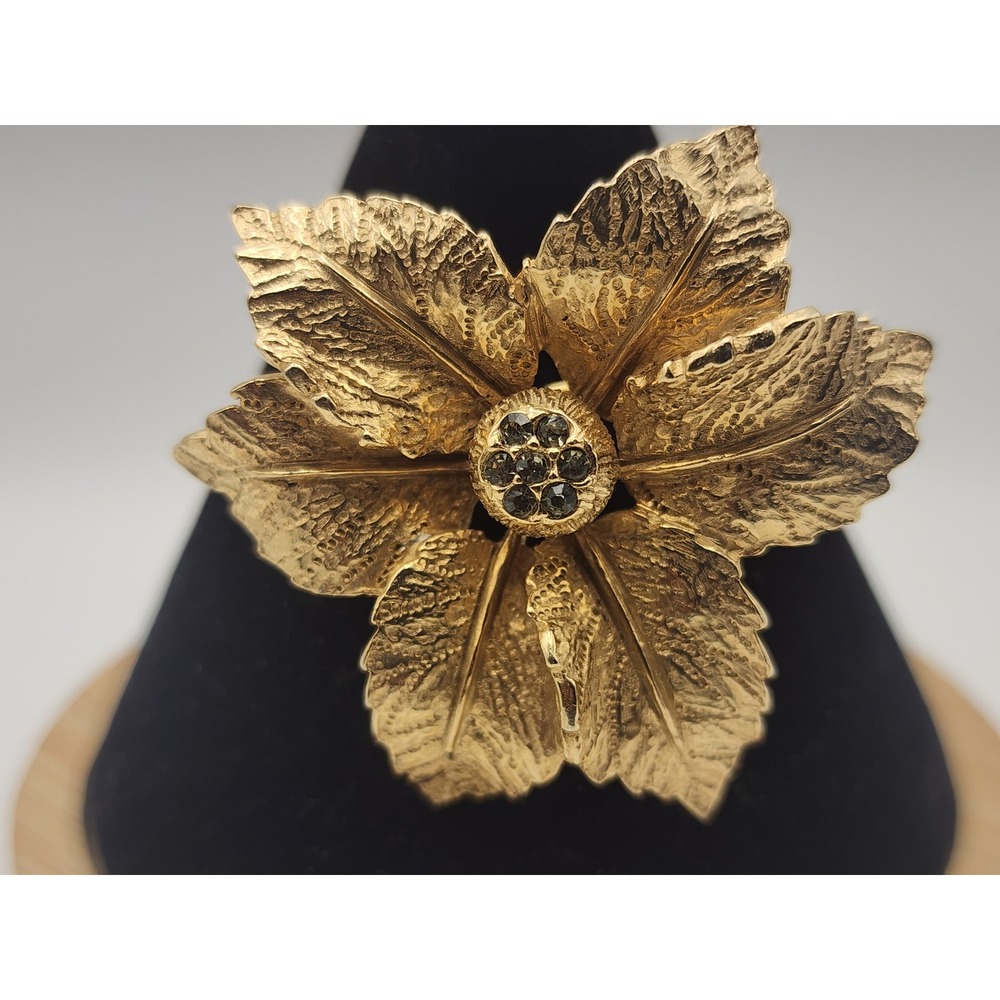Vintage DeNicola Poinsettia  Gold Tone Textured Flower Brooch Rhinestone Center
